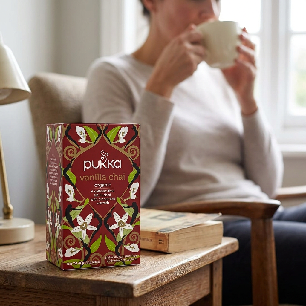 Pukka Vanilla Chai på sidebordet under en tepause i læsekrogen