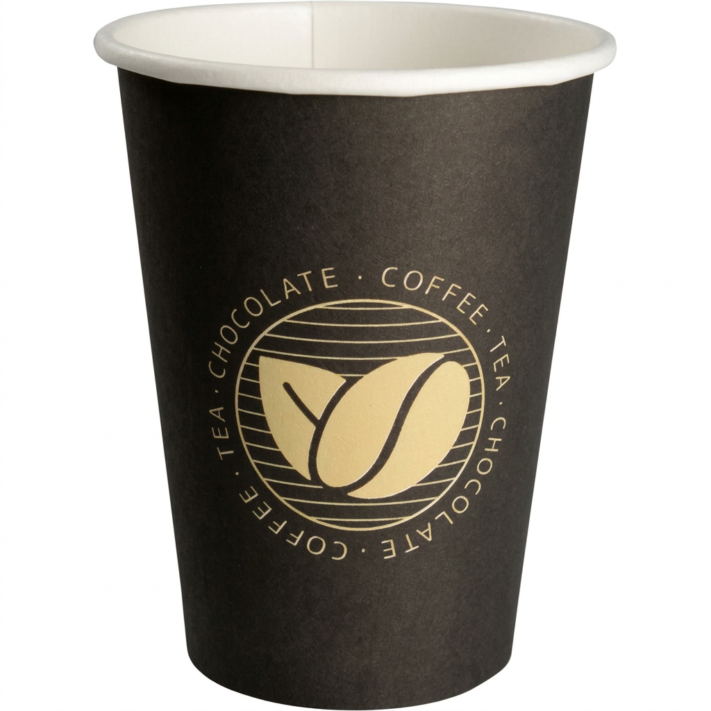 Sort ABENA Gastro Beans kaffebæger 36/38 cl med gyldent motiv på hvid baggrund