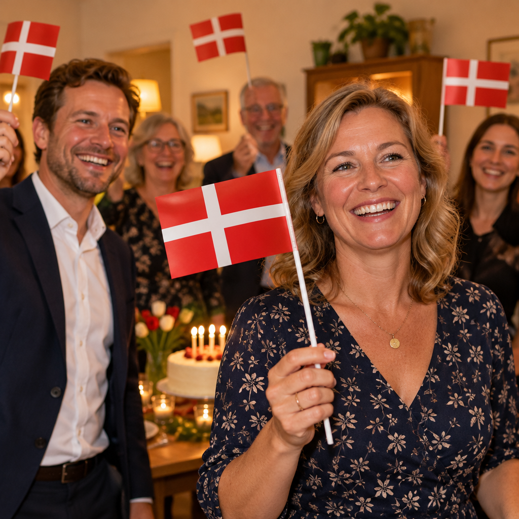 Fødselsdagsgæster flager med Dannebrog i aftenlys