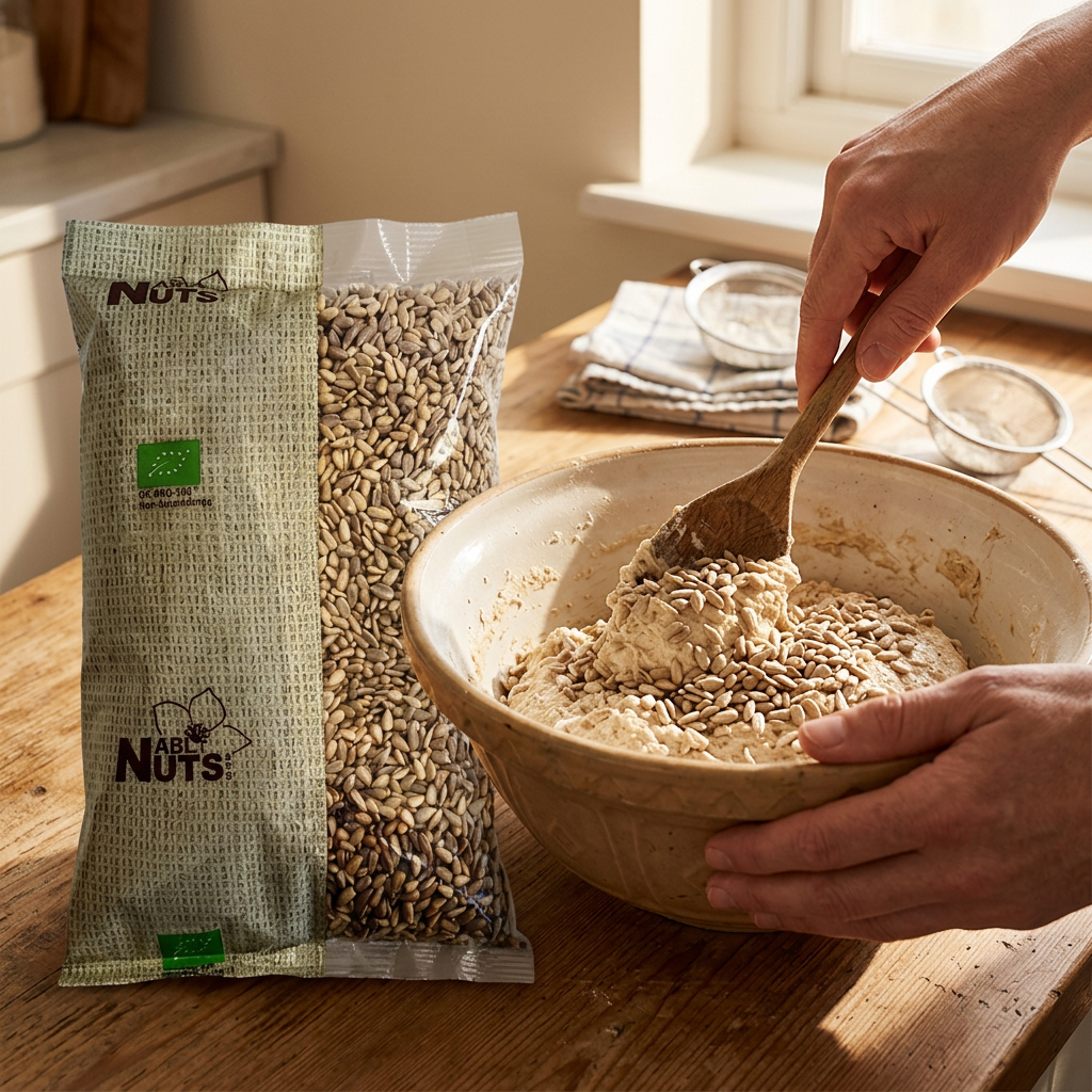 Solsikkekerner røres i brøddej ved posen fra ABL Nuts i naturligt solskin