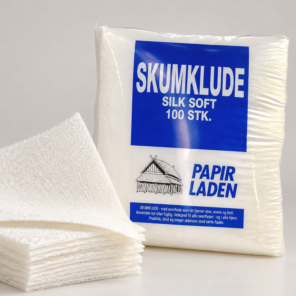 Nærbillede af skumklude og emballage med 100 stk