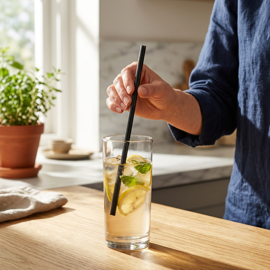 Voksen placerer et sort sugerør i et glas ved et solrigt køkkenbord, glas medfølger ikke