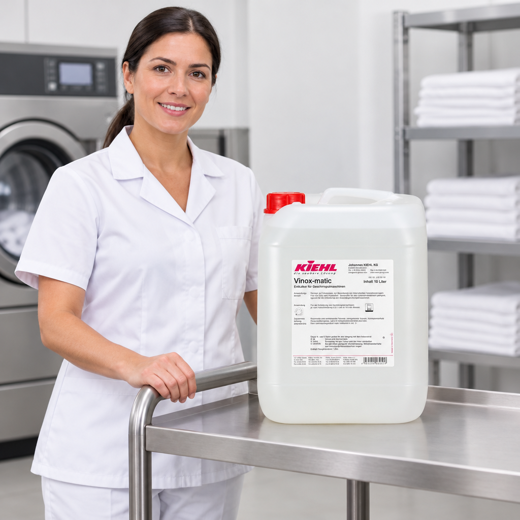 Vaskerimedarbejder ved servicevogn med lukket Vinox-matic 10 L dunk, stemningsbillede