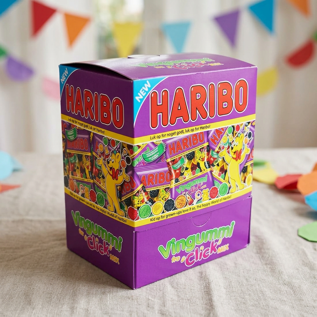 Haribo Click Mix-kasse på et festbord med farverige vimpler