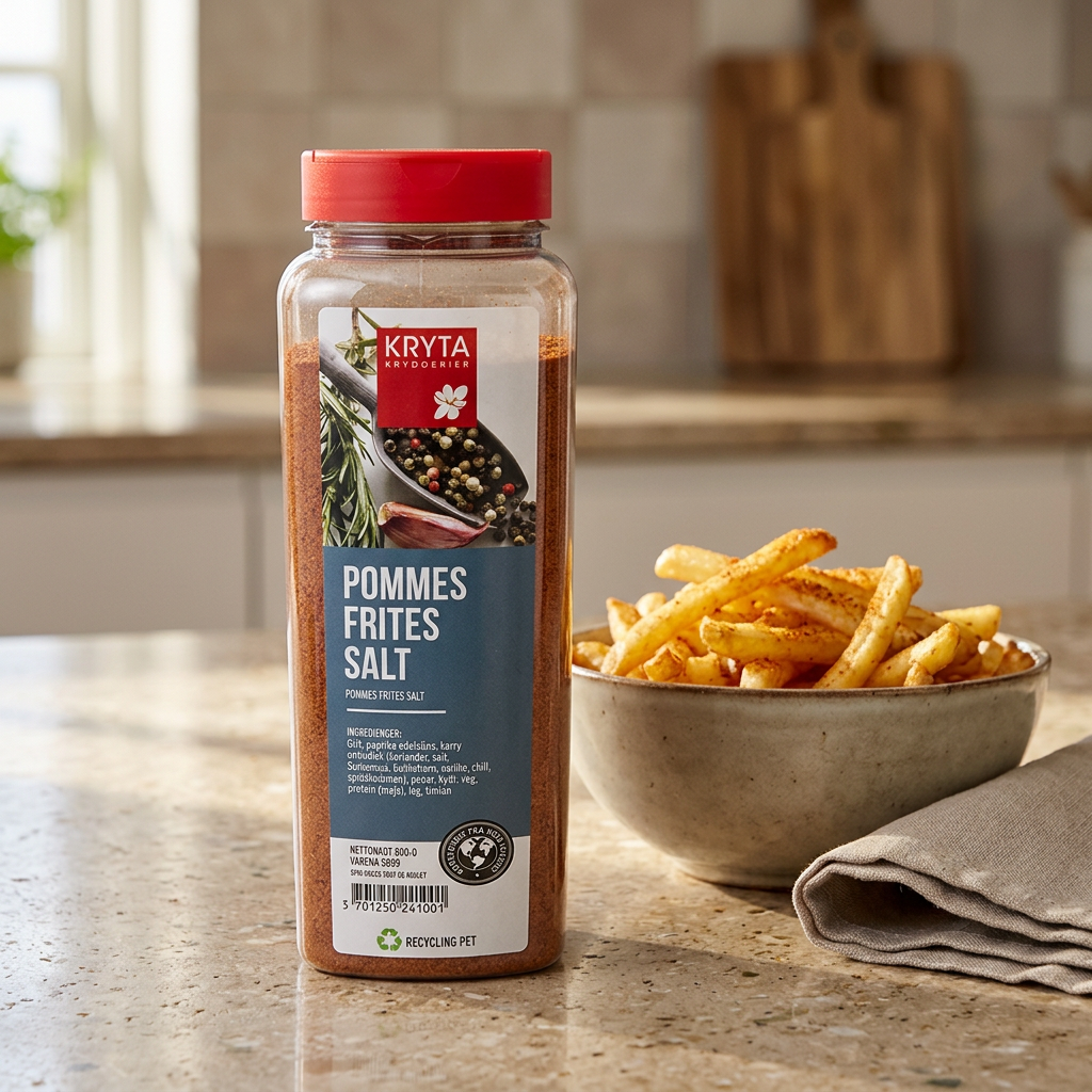 Kryta pommes frites-salt ved en skål pommes frites i et lyst køkken