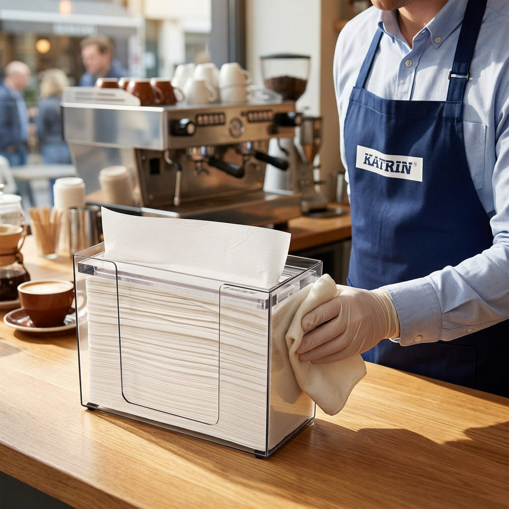 Medarbejder aftørrer transparent borddispenser på caféens disk