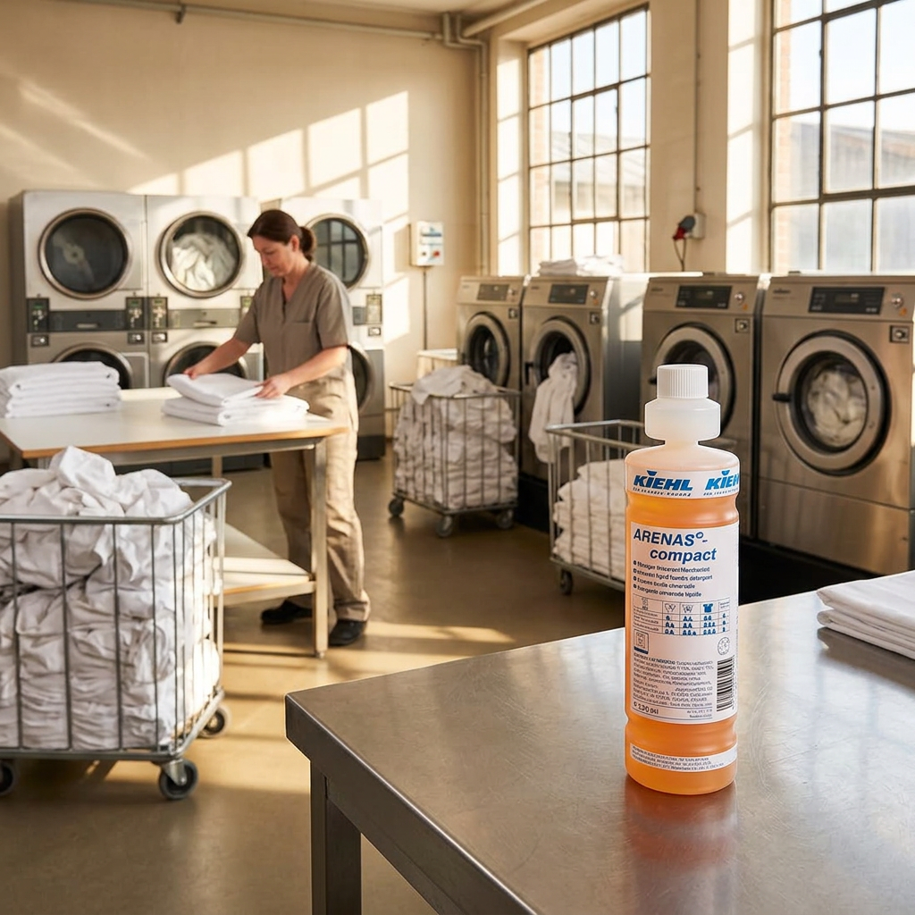 Kiehl Arenas Compact 1 L på vaskeribord i solrigt hotelvaskeri med medarbejder