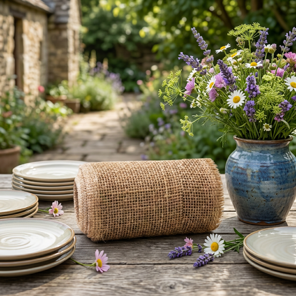 Juterulle på havebord ved keramik og blomster, stemningsbillede
