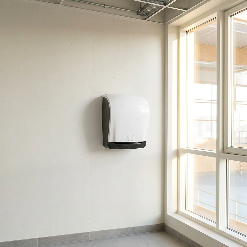 Katrin 90045 rulledispenser ved sportshallens personalefaciliteter, stemningsbillede
