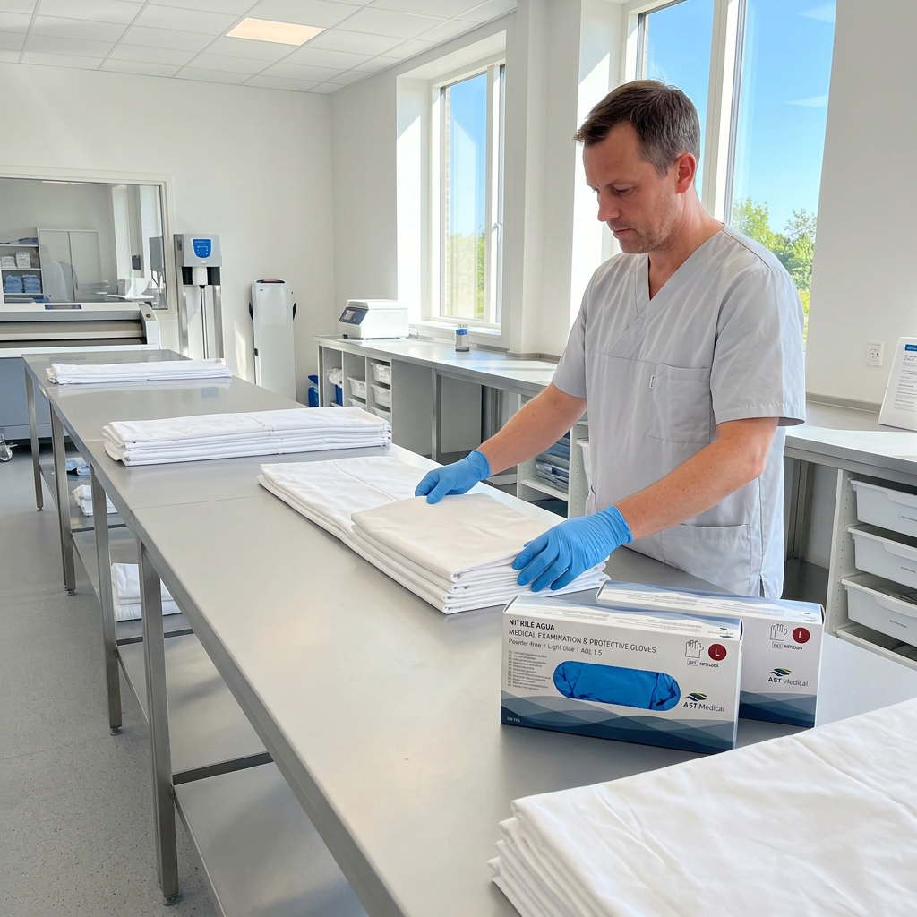 Medarbejder med blå nitrilhandsker klargør tekstiler