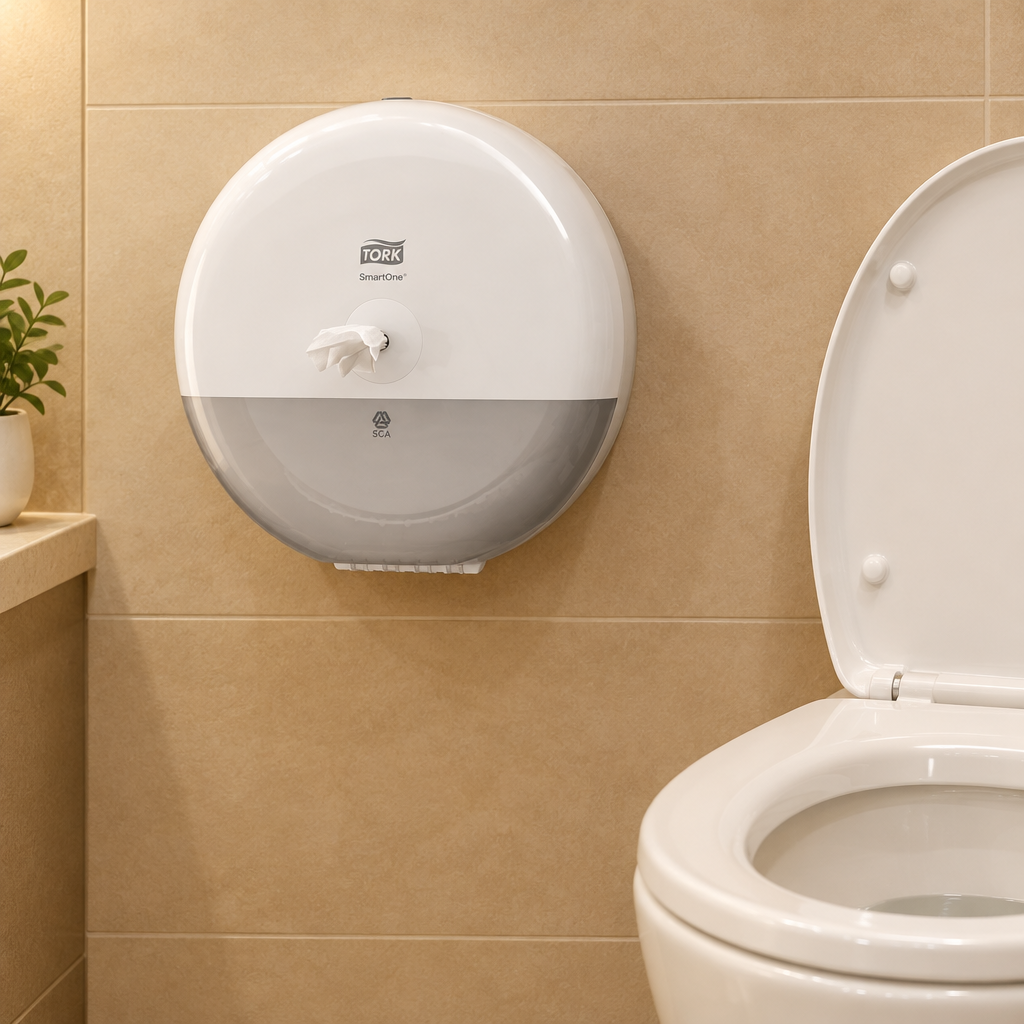 Hvid SmartOne T8-dispenser i beige gæstetoilet