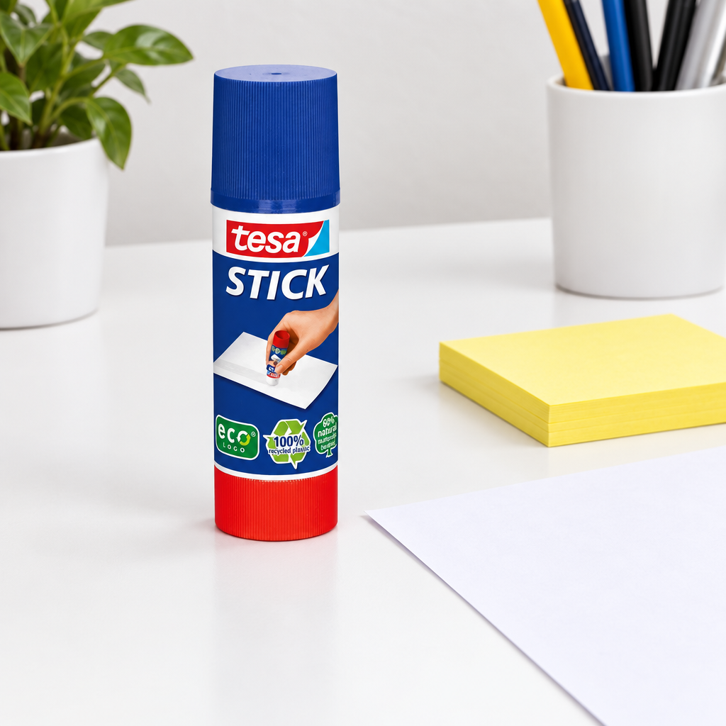 Tesa Stick ecoLogo-limstift ved papir og gule noter, genereret miljøbillede