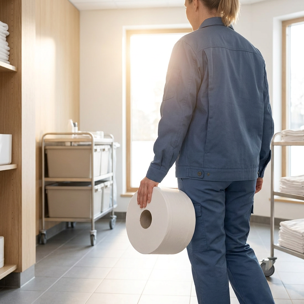 Medarbejder bærer hvid toiletrulle gennem sollyst serviceområde, stemningsbillede