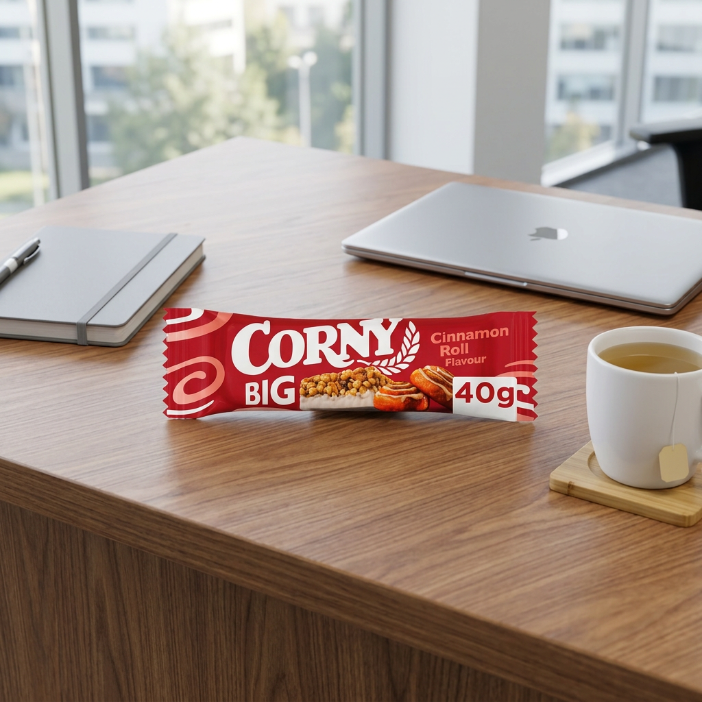 Corny Big Cinnamon Roll ved computer og te på kontor, stemningsbillede