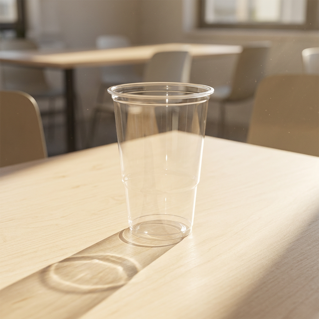 Tomt klart plastglas på et solbeskinnet kantinebord