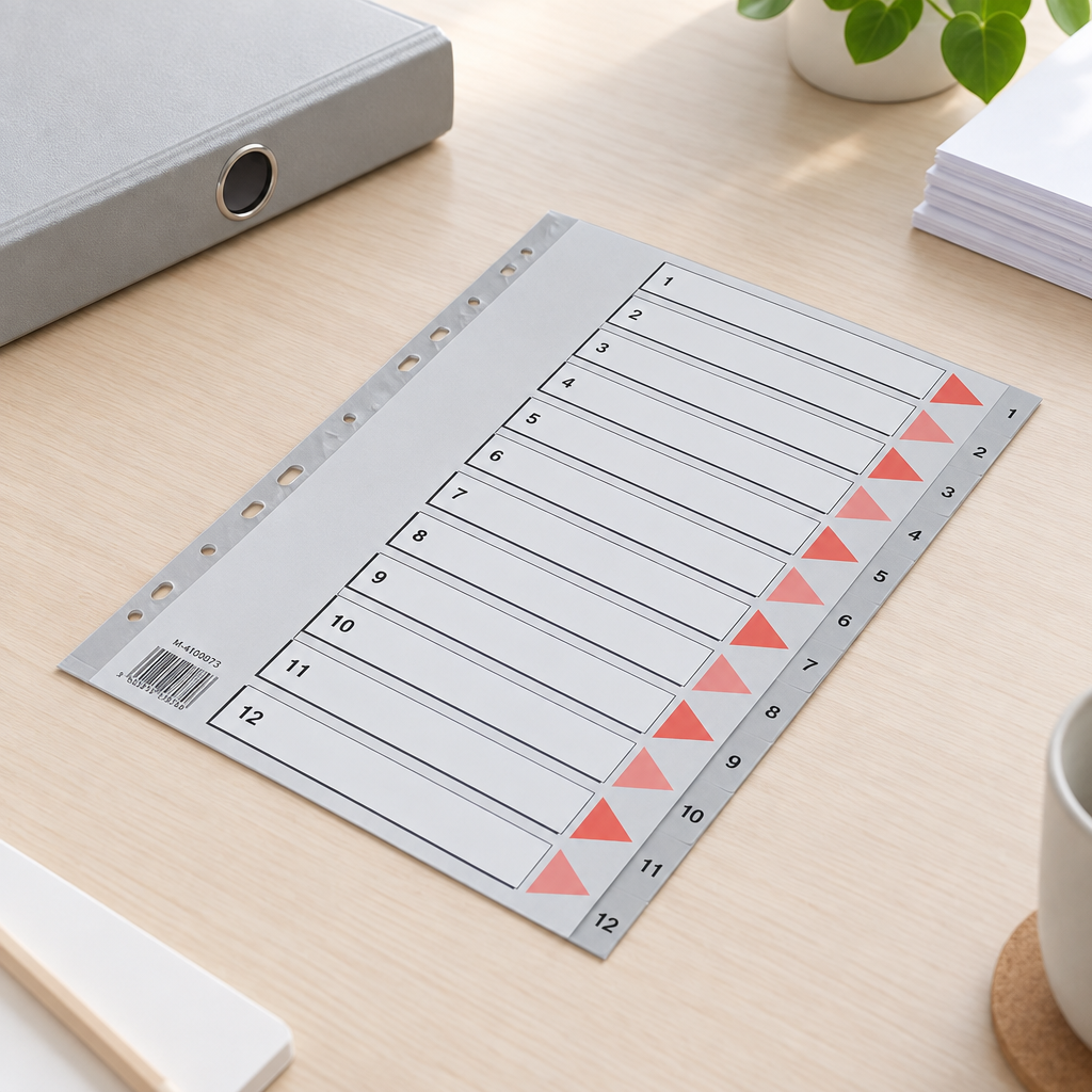 Stemningsillustration af Q-line-register 1–12 ved ringbind og papirer på studieplads