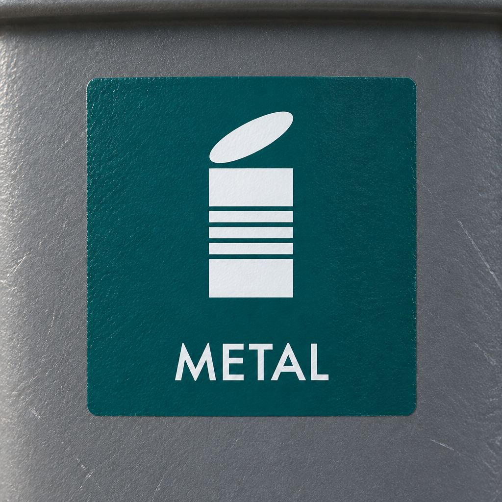 Detalje af METAL-klistermærke med hvidt dåsesymbol på grønblå baggrund