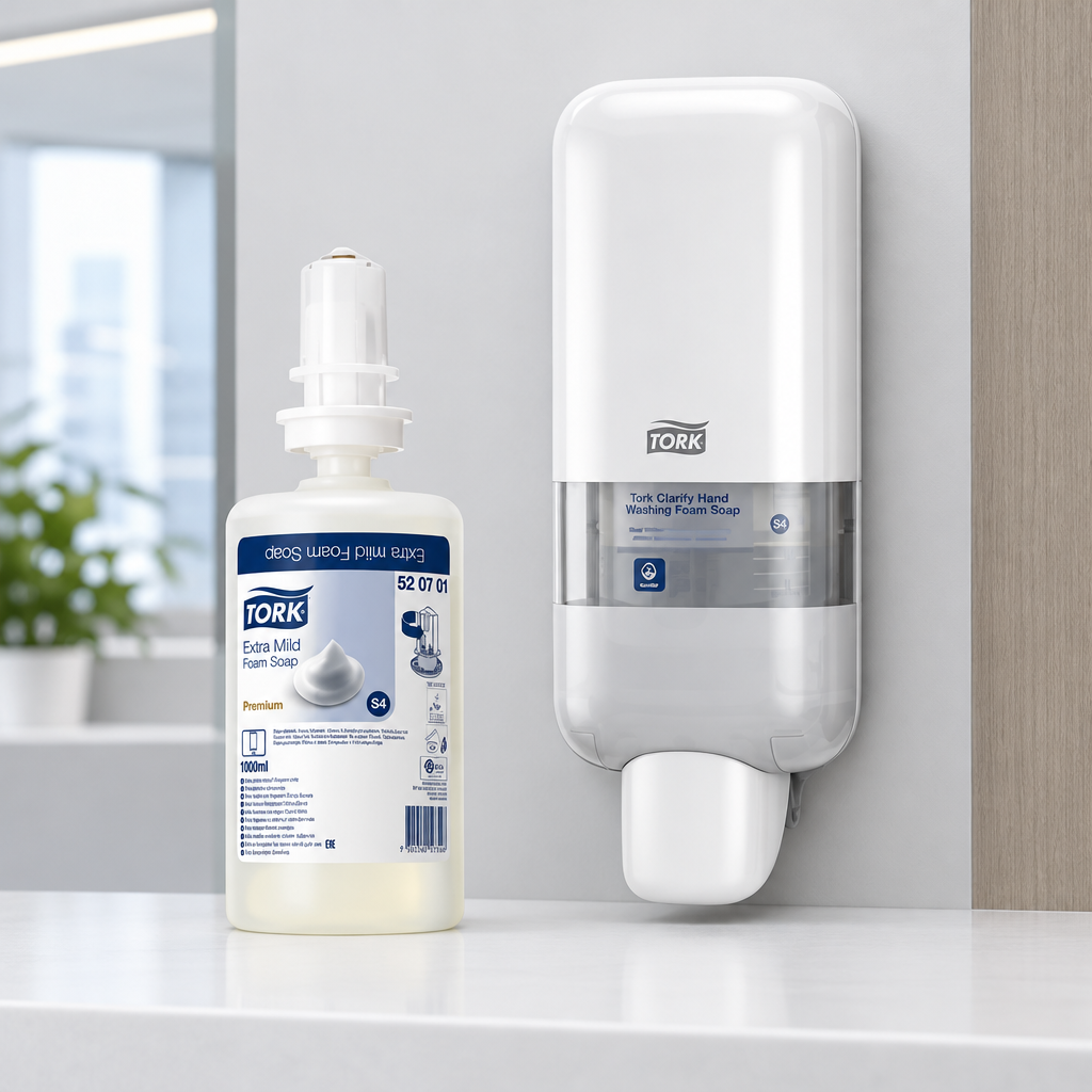 Tork S4-skumsæberefill ved kontorets hygiejnestation med separat dispenser