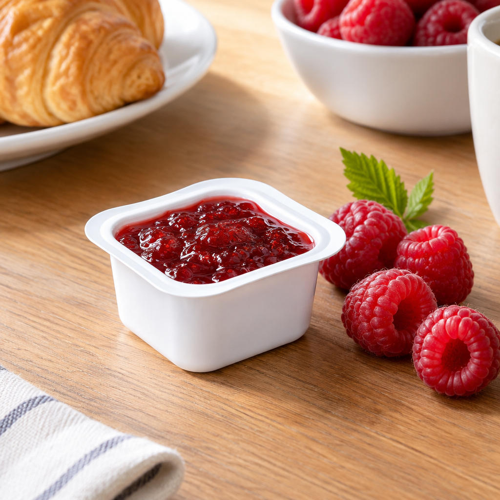 Stemningsbillede af hindbærmarmelade i portionsbæger ved morgenbord