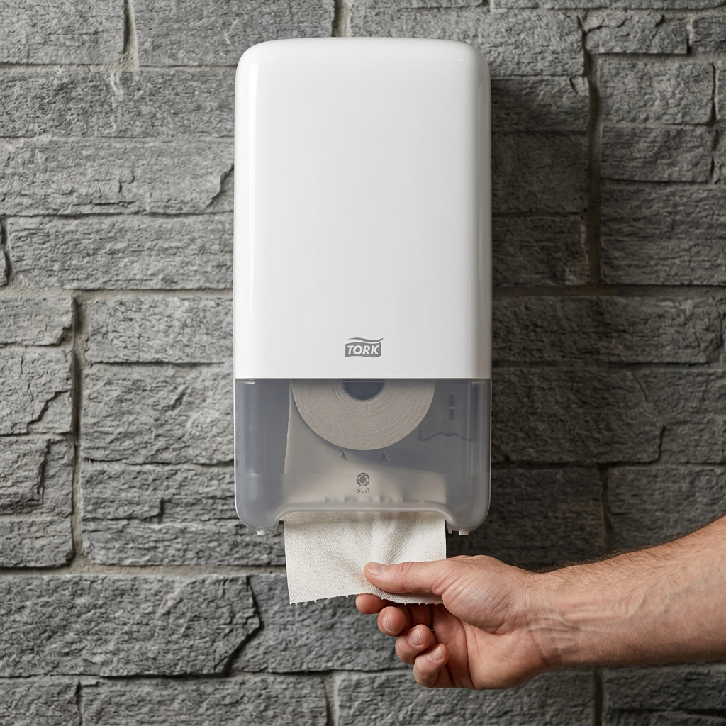 Voksen hånd tager toiletpapir fra hvid Tork T6 Twin-dispenser