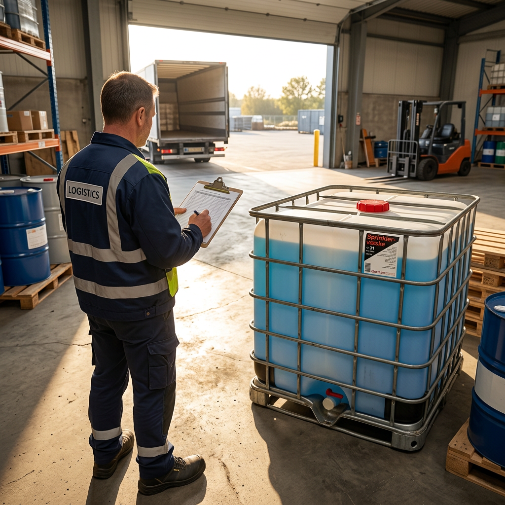 Voksen lagermedarbejder med lagerliste ved 1.000-liters sprinklervæsketank