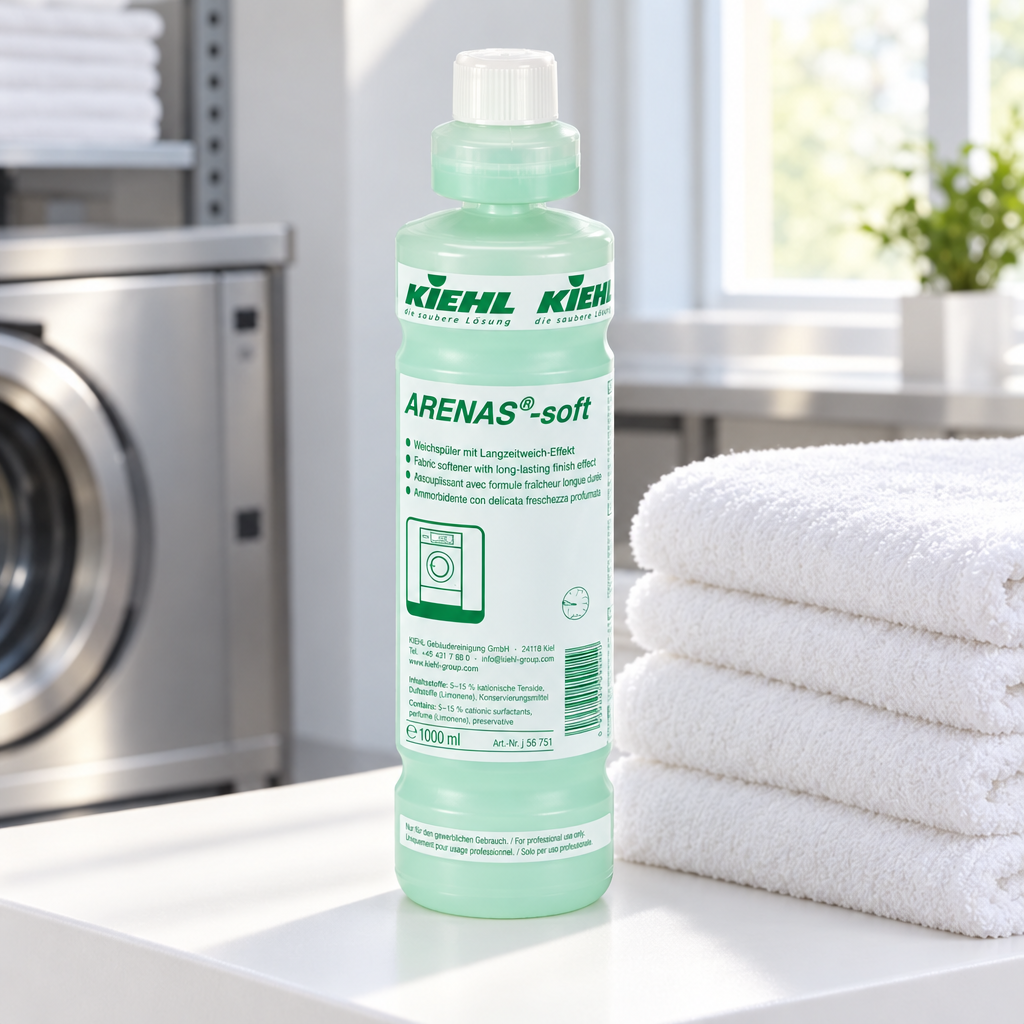 Kiehl Arenas Soft 1 L ved foldede håndklæder i hotellets vaskerum