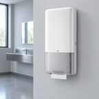 Hvid Tork H5 standarddispenser i arbejdspladsens personalefaciliteter, set skråt fra siden