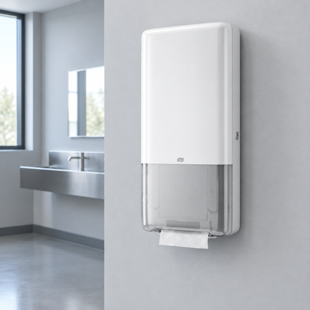Hvid Tork H5 standarddispenser i arbejdspladsens personalefaciliteter, set skråt fra siden