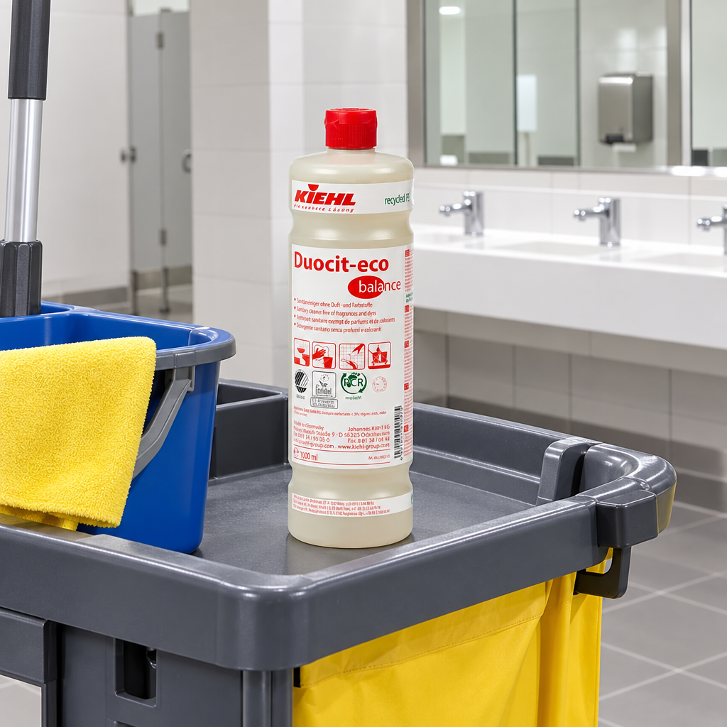 Kiehl Duocit-eco Balance 1 L på rengøringsvogn i lyst sanitetsrum