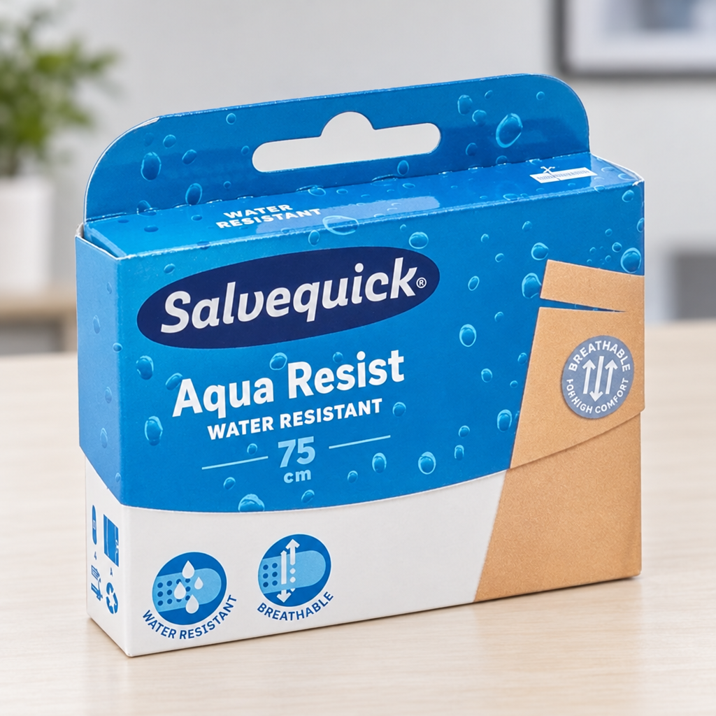 Salvequick Aqua Resist 75 cm plasterpakke på bord