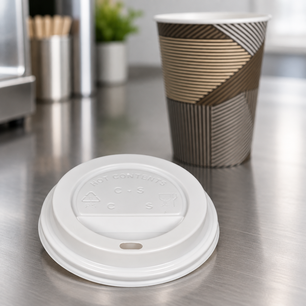 Hvidt låg i fokus ved kaffestation med Enjoy-bæger i baggrunden