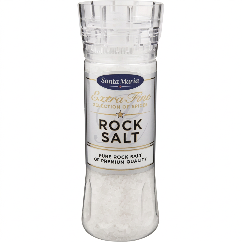 Santa Maria Rock Salt saltkværn med 455 g salt på hvid baggrund