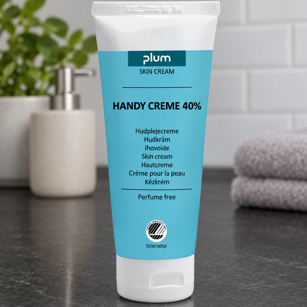 Stemningsbillede: Plum Handy Creme 40 % på en mørk bordplade