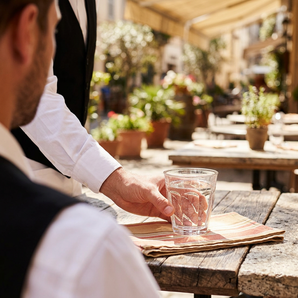 Servering af vand i et klart caféglas ved et solbeskinnet cafébord