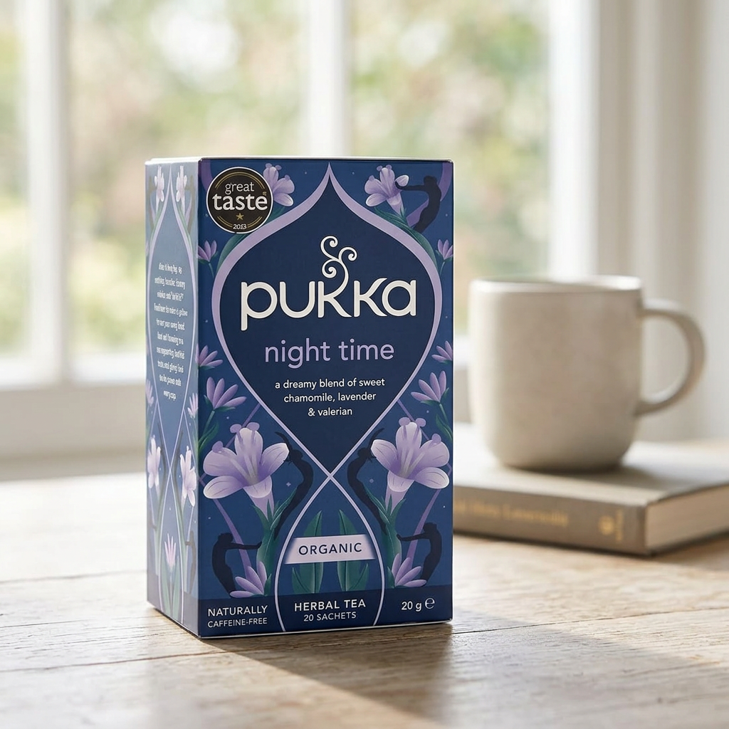 Pukka Night Time ved en kop og en bog på et træbord