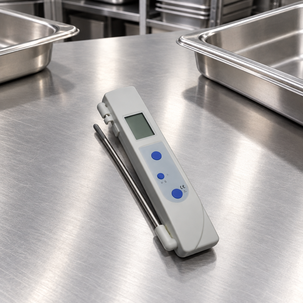 Køkkentermometer ved tomme cateringbakker, stemningsillustration