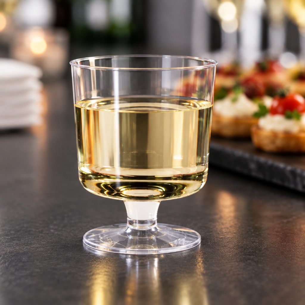 Klart plastikvinglas med lys vin på mørk cateringdisk set fra siden, stemningsillustration