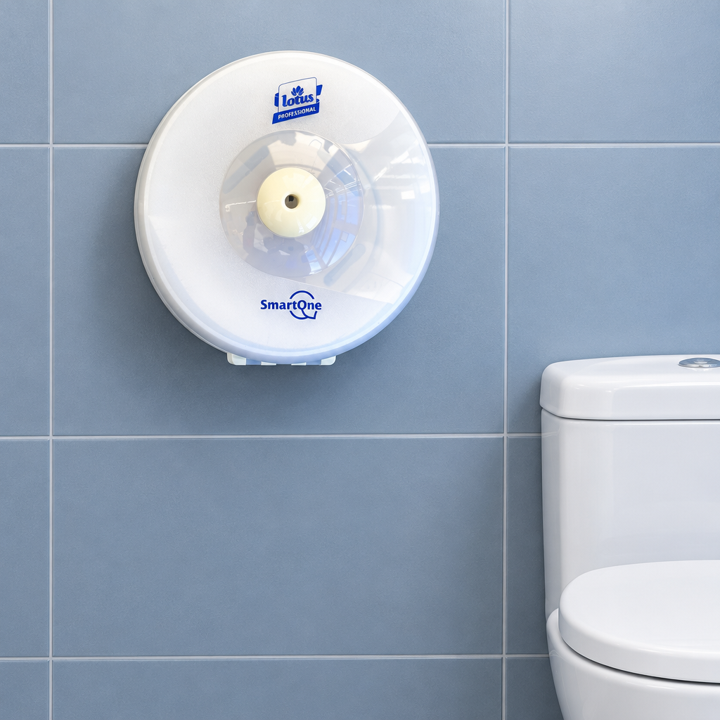 Hvid Lotus SmartOne Mini T9-dispenser på blågrå væg ved toilet
