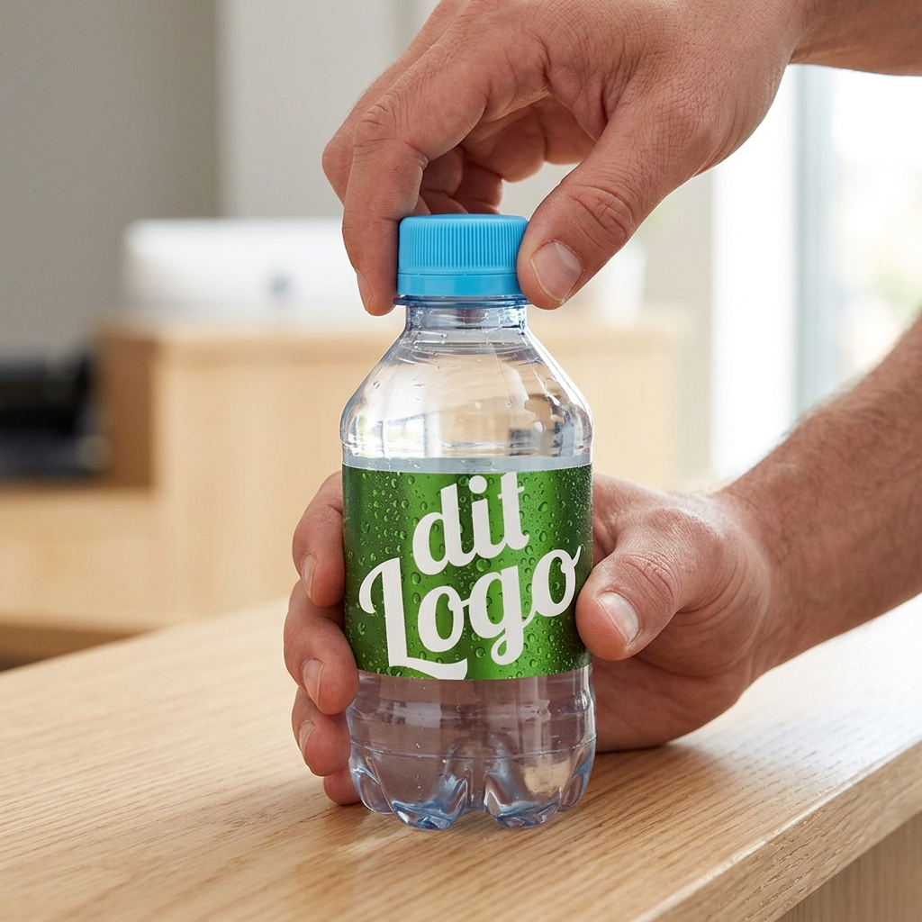 Lyseblåt låg bruges på 0,30-liters logovand med grøn etiket