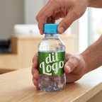 Lyseblåt låg bruges på 0,30-liters logovand med grøn etiket