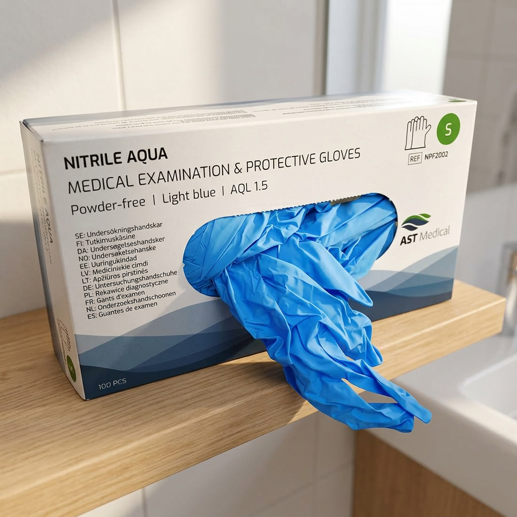 Nitrile Aqua S på sollyst hylde