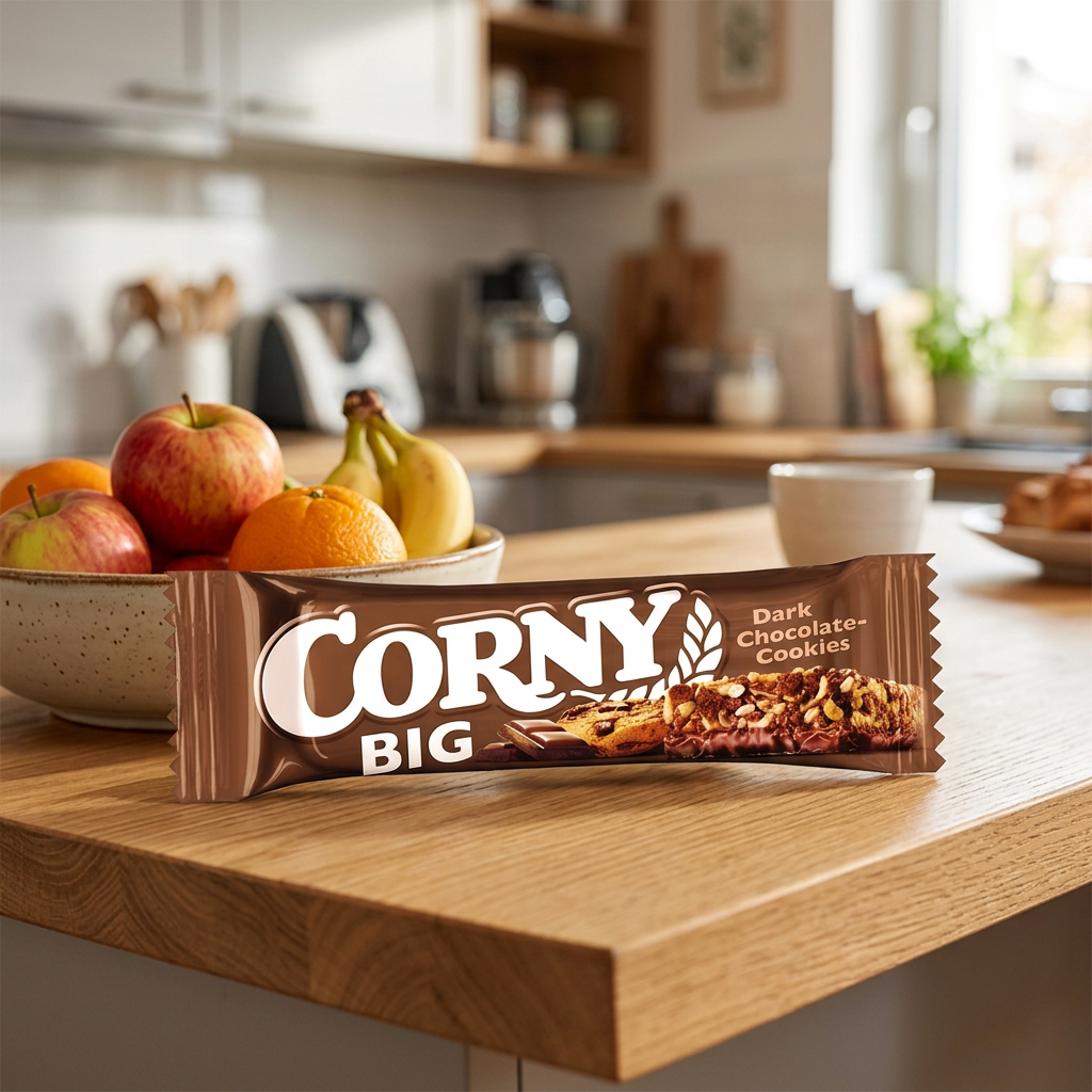 Corny Big Dark Chocolate-Cookies på køkkenbord ved frugtskål