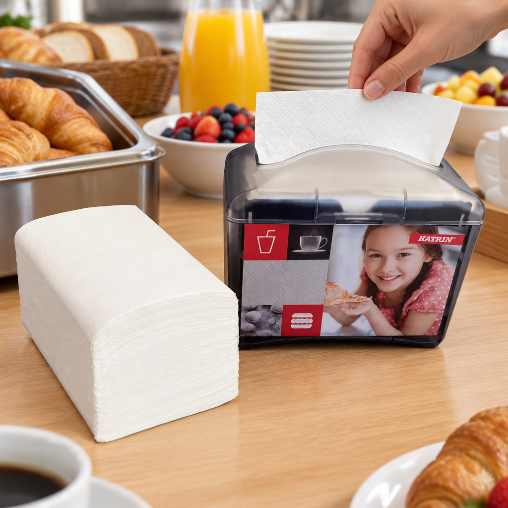 Katrin Easy1-servietter og illustreret servietudtag ved morgenbuffet