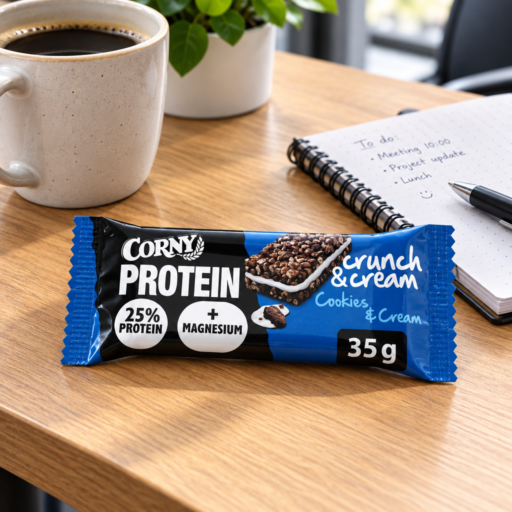 Stemningsillustration af Corny Protein Cookies & Cream 35 g ved kaffe og notesbog