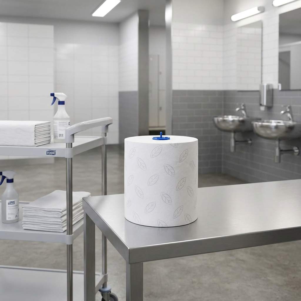 Tork H1-håndklæderulle på forsyningsbord i sportsfacilitetens håndvaskområde