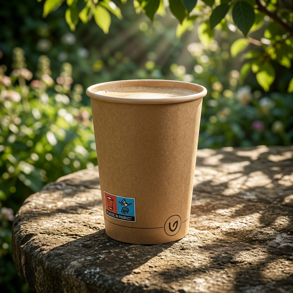 Brunt kaffebæger med mælkekaffe på et solbeskinnet havebord