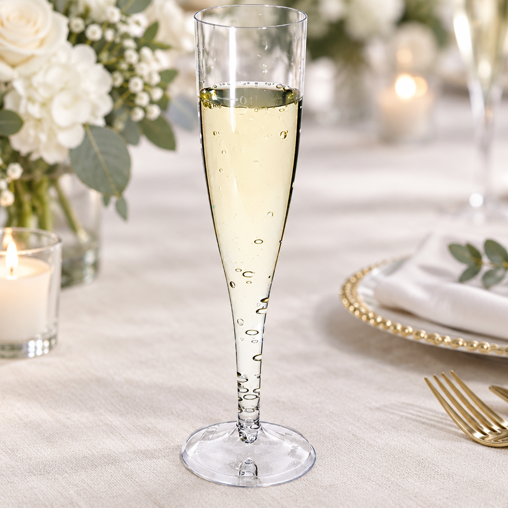 Klart champagneglas med fast fod ved lys festlig borddækning