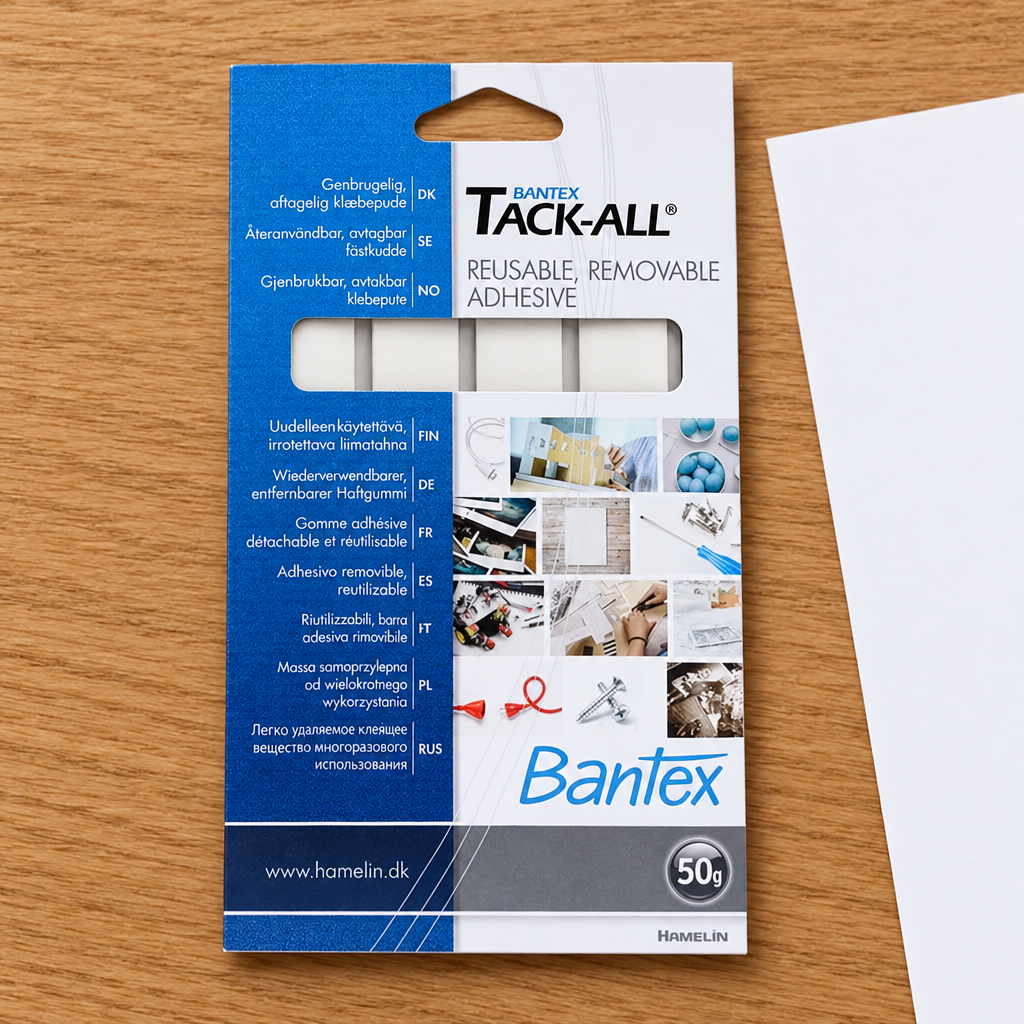 Bantex Tack-All 50 g med fire stænger ved papir på træbord, genereret miljøbillede