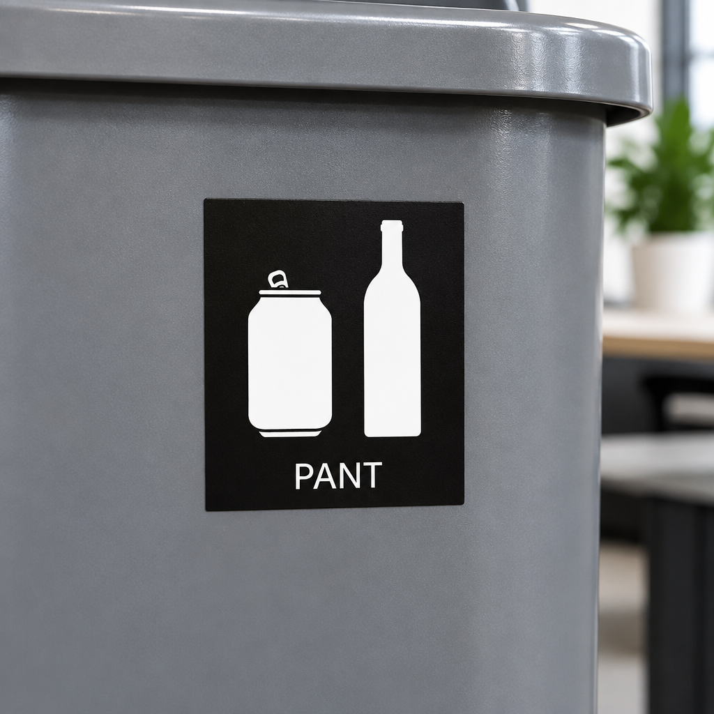 Detalje af sort PANT-mærke med hvid dåse og flaske
