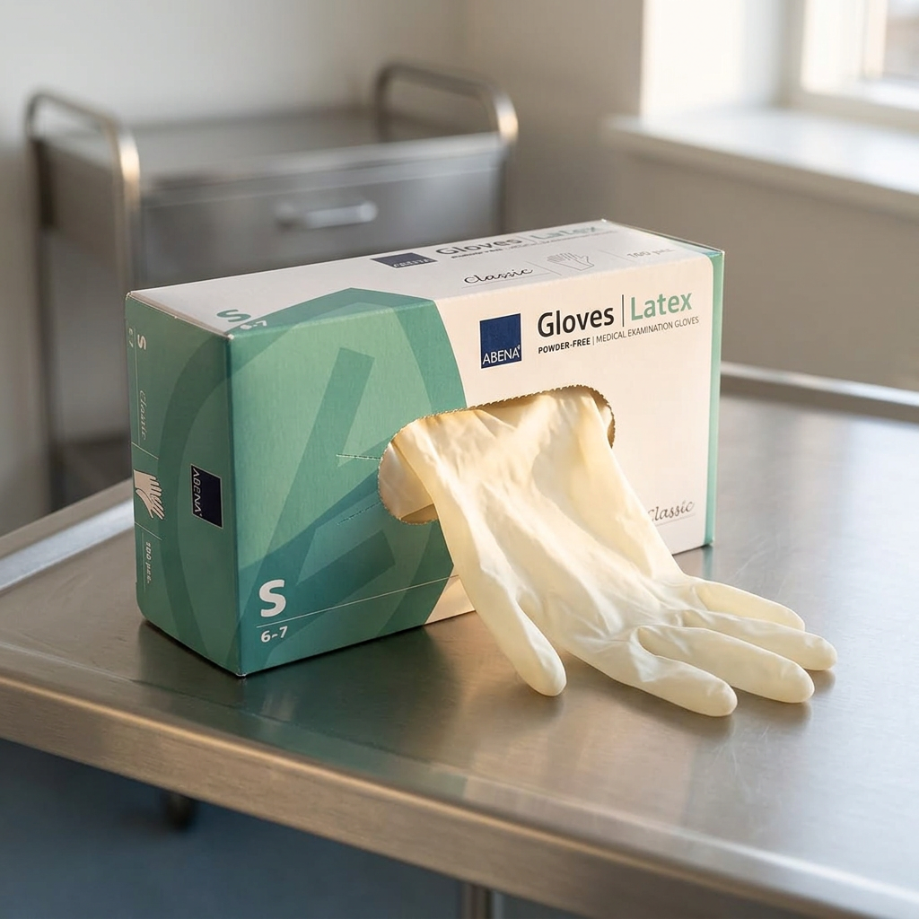 Æske med ABENA Classic latexhandsker S ved servicestation – stemningsbillede